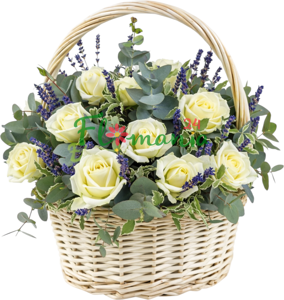 Корзина из белых роз с лавандой «Мистери»